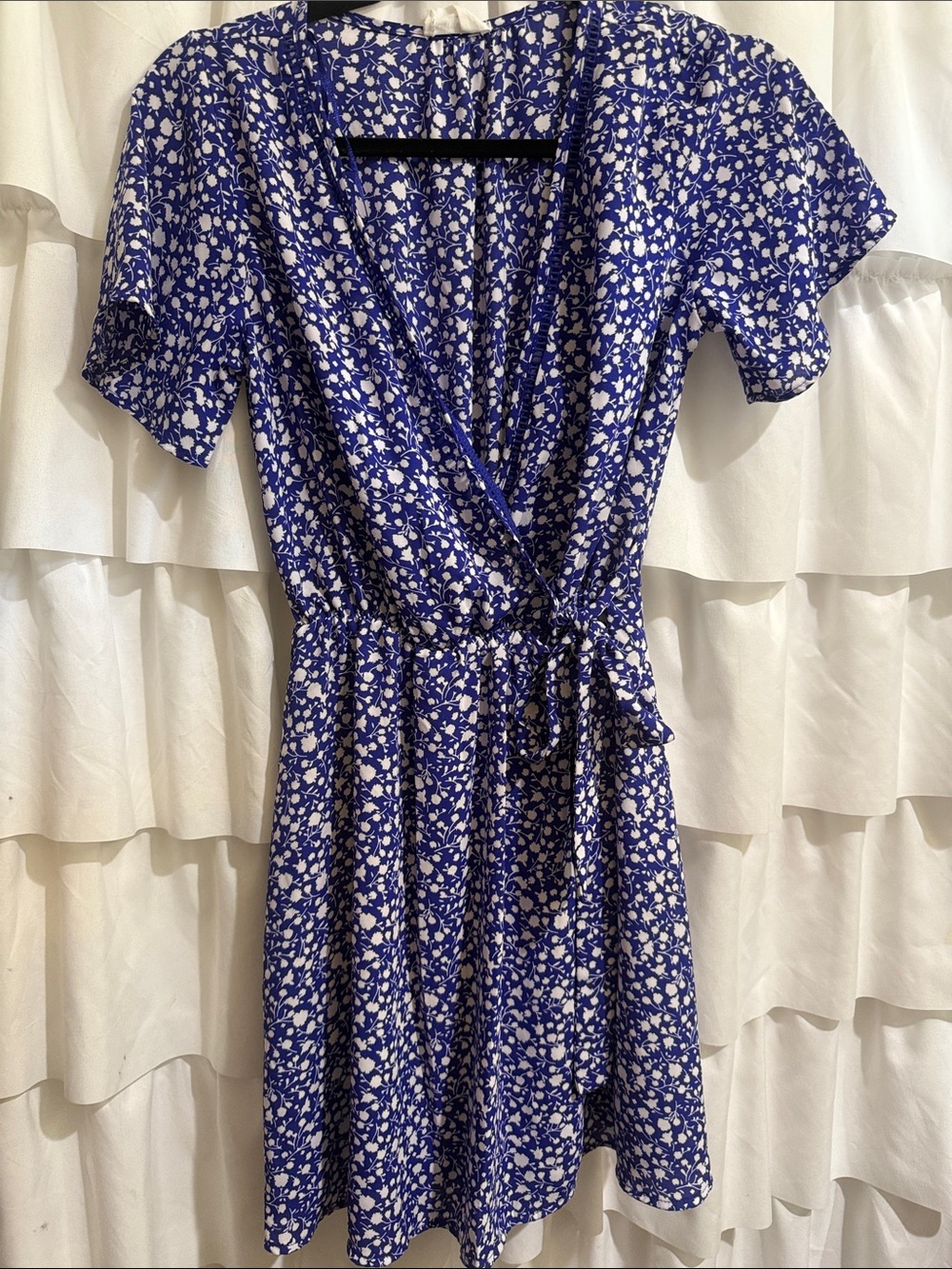 Sienna Sky Royal Blue and White Floral Wrap Mini Dress